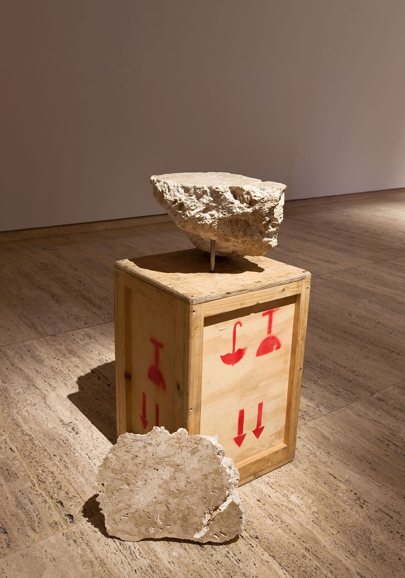 Nicholas Mangan, *Proposition for Dowiyogo’s Ancient Coral Coffee Table*, 2009, coral limestone from the island of Nauru, wooden travel crate, 60 × 60 × 95 cm. Installation detail, Between a Rock and a Hard Place, Art Gallery of New South Wales, Sydney, 2009. Photographer: Carley Wright.